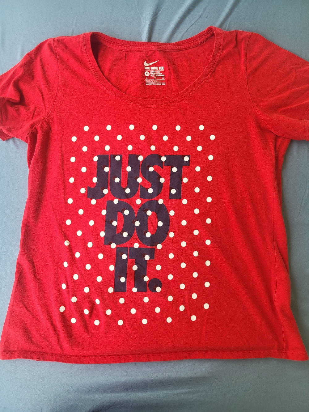 Nike Red Short-Sleeve Tee with Navy 'JUST DO IT' and White Polka Dots